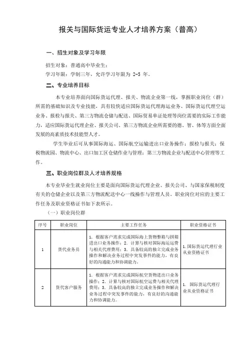 报关与国际货运专业人才培养方案(普高)