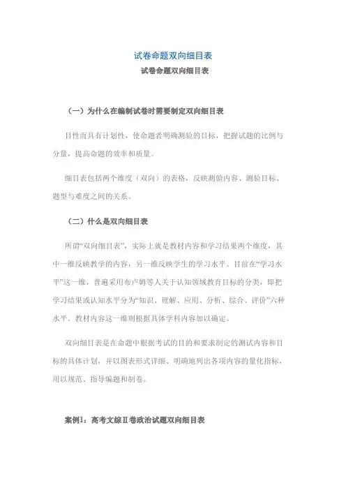 试卷命题双向细目表