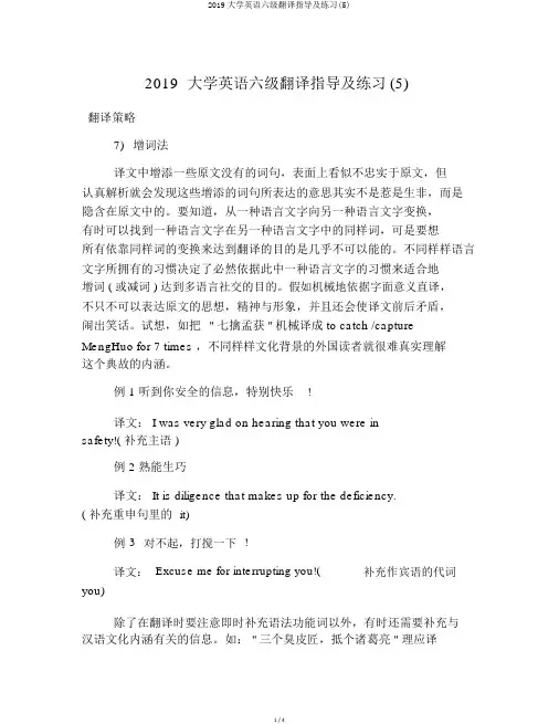 2019大学英语六级翻译指导及练习(5)