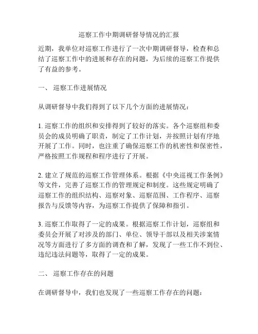 巡察工作中期调研督导情况的汇报