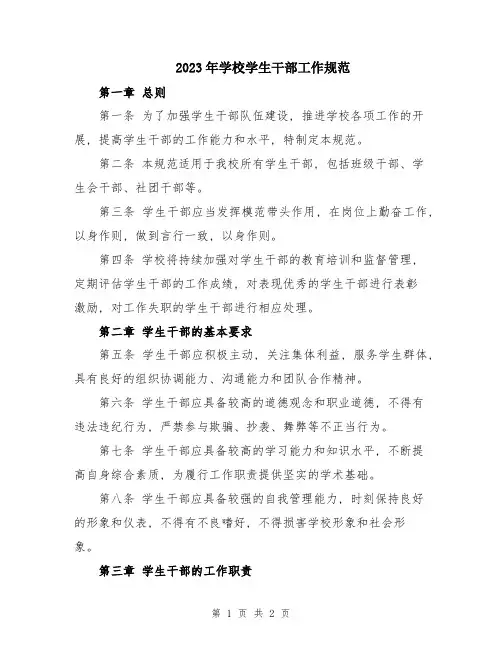 2023年学校学生干部工作规范