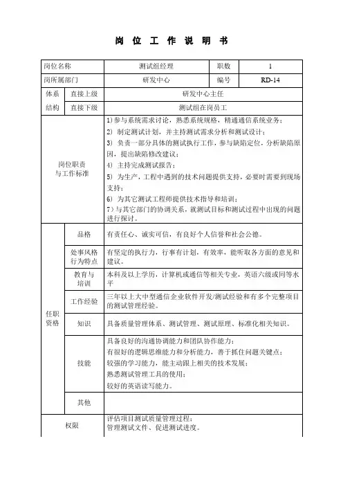 测试组经理岗位工作说明书