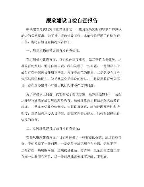廉政建设自检自查报告