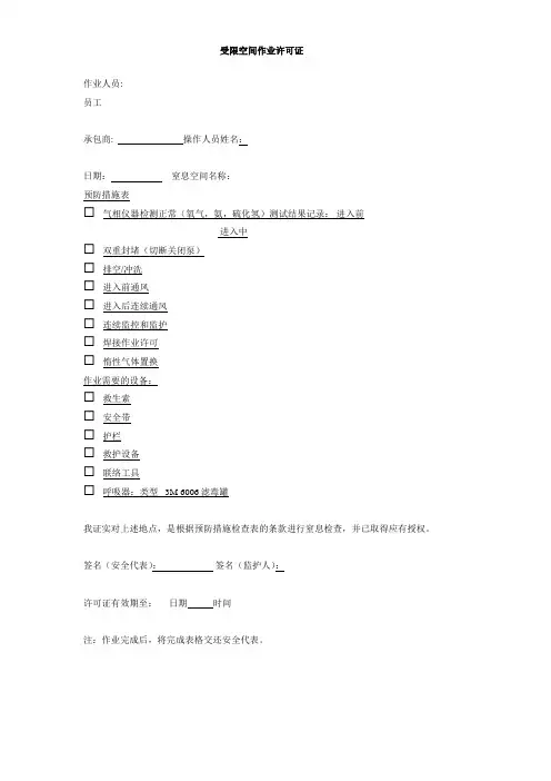 受限空间作业许可证