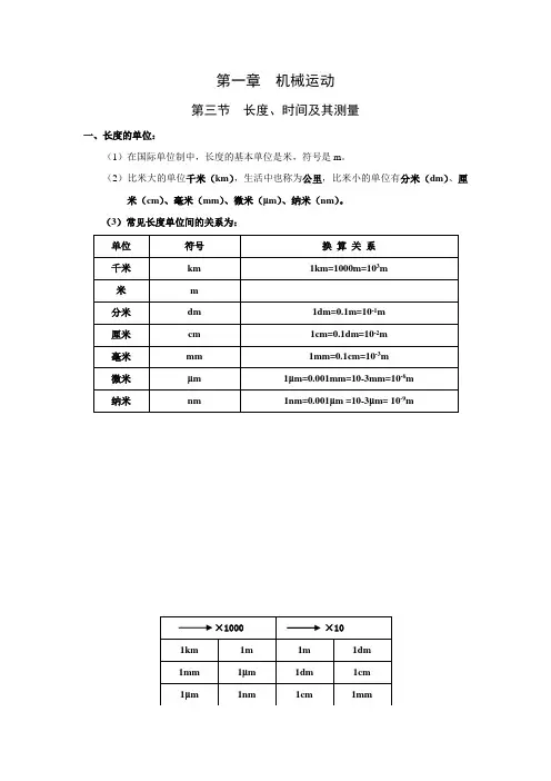 八年上 物理 第一章  机械运动 知识点总结