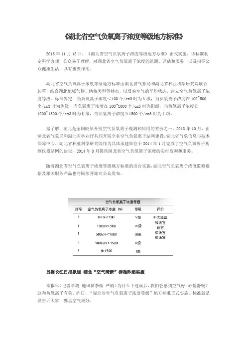 湖北省负氧离子相关标准