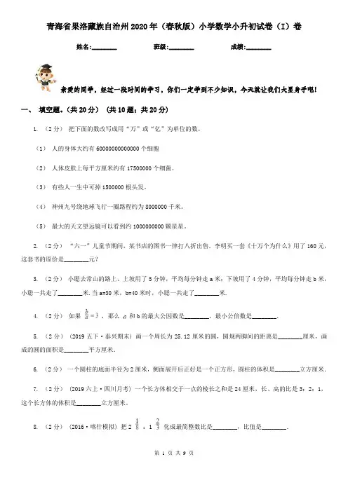 青海省果洛藏族自治州2020年(春秋版)小学数学小升初试卷(I)卷