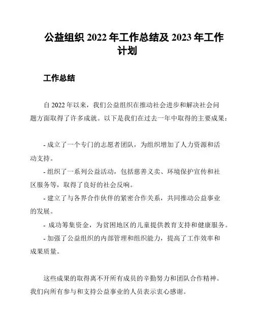 公益组织2022年工作总结及2023年工作计划