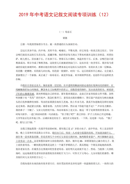 2019年中考语文记叙文阅读专项训练12(含答案)