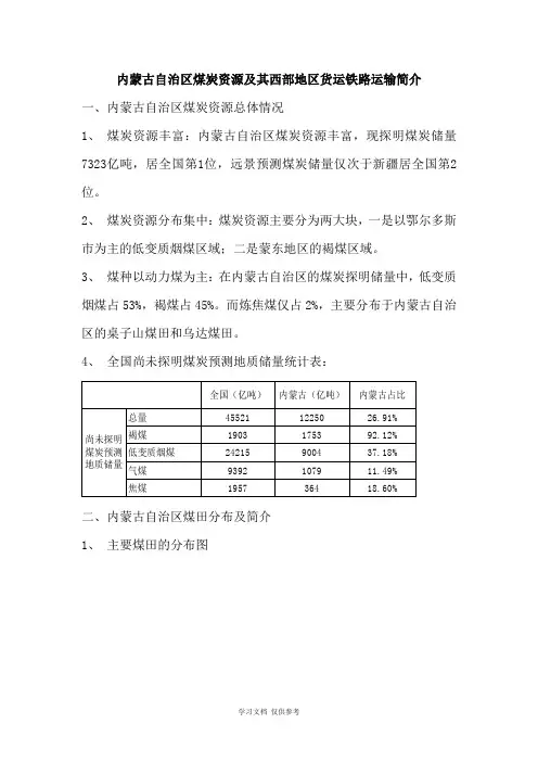 内蒙古自治区煤炭资源及其西部地区煤炭铁路运输简介
