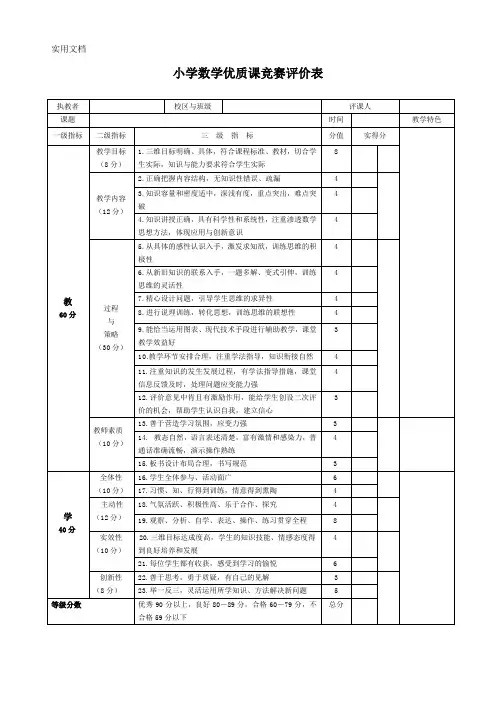 小学数学优质课竞赛数学评价表