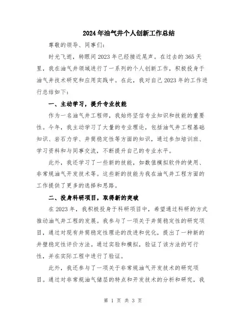 2024年油气井个人创新工作总结