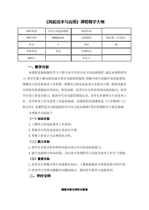 《风能技术与应用》教学大纲