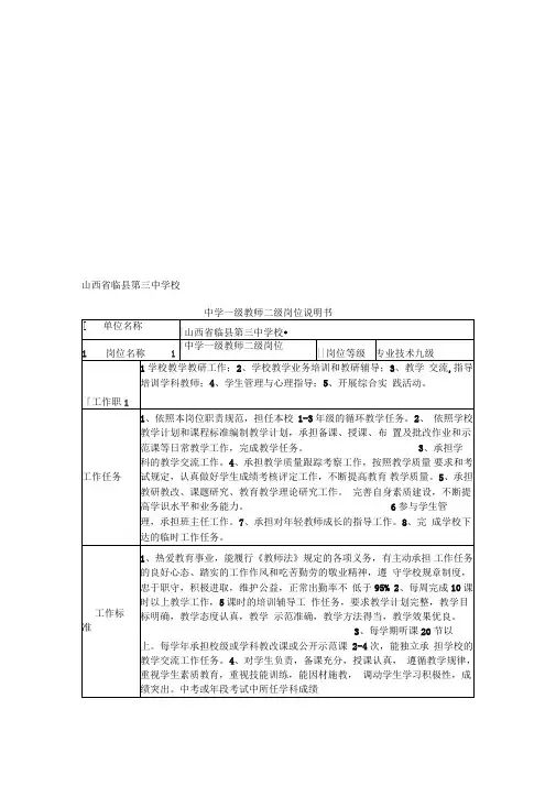 中学一级教师一级岗位说明书