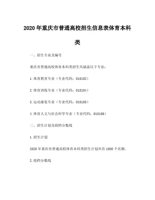 2020年重庆市普通高校招生信息表体育本科类