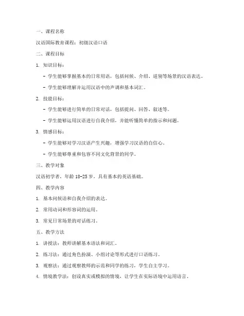 汉语国际教育教案模板范文