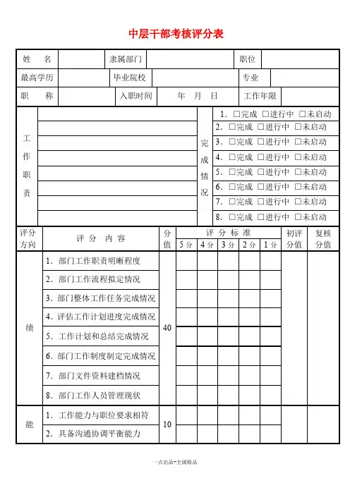 中层干部考核评分表