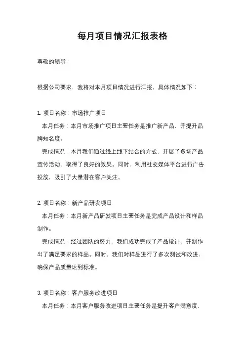每月项目情况汇报表格
