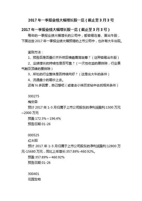 2017年一季报业绩大幅增长股一览（截止至3月3号