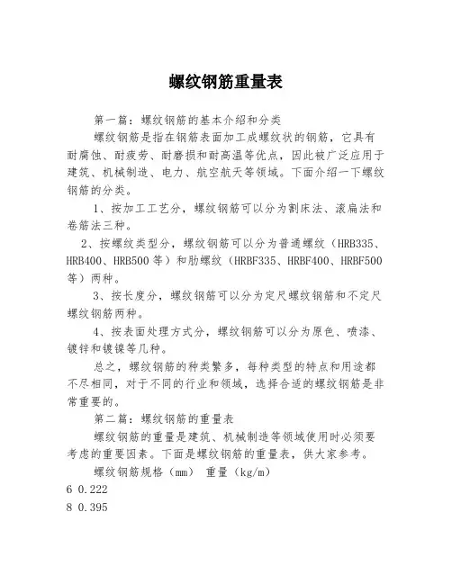 螺纹钢筋重量表
