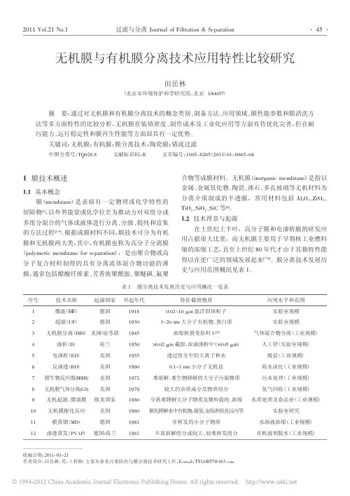 无机膜与有机膜分离技术应用特性比较研究