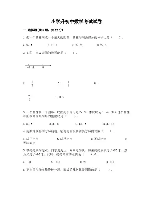 小学升初中数学考试试卷及参考答案(培优)