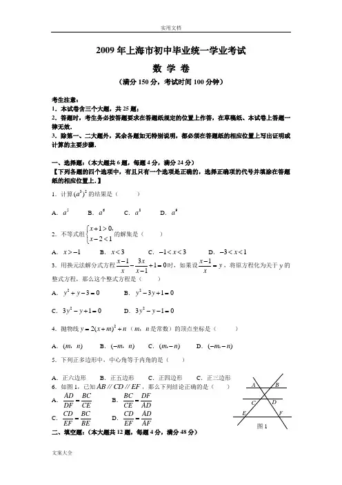 2009年上海市中学考试数学及问题详解
