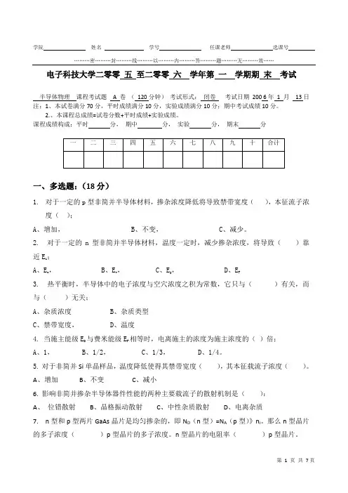 2006-半导体物理期末考试试卷A