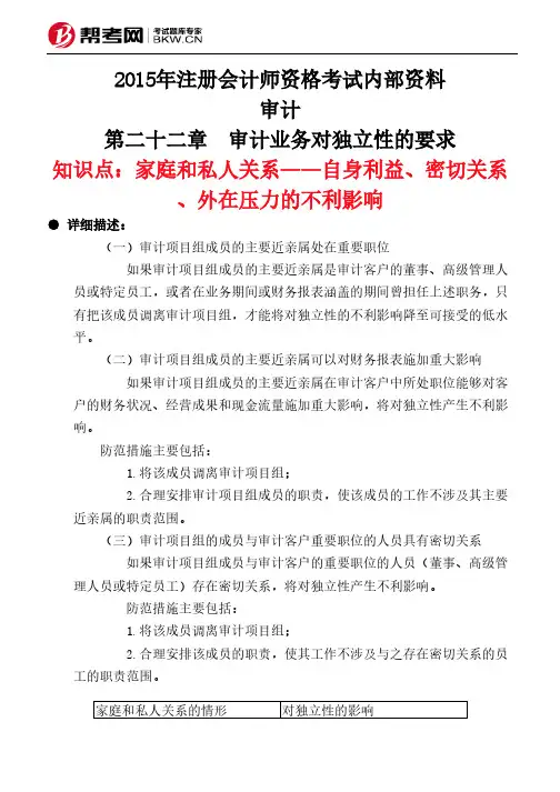 第二十二章 审计业务对独立性的要求-家庭和私人关系——自身利益、密切关系、外在压力的不利影响