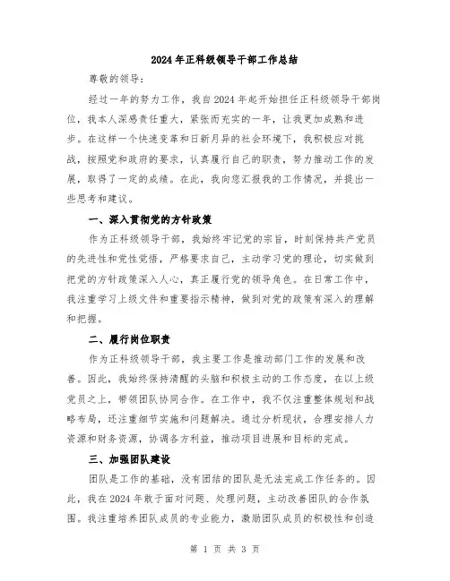 2024年正科级领导干部工作总结
