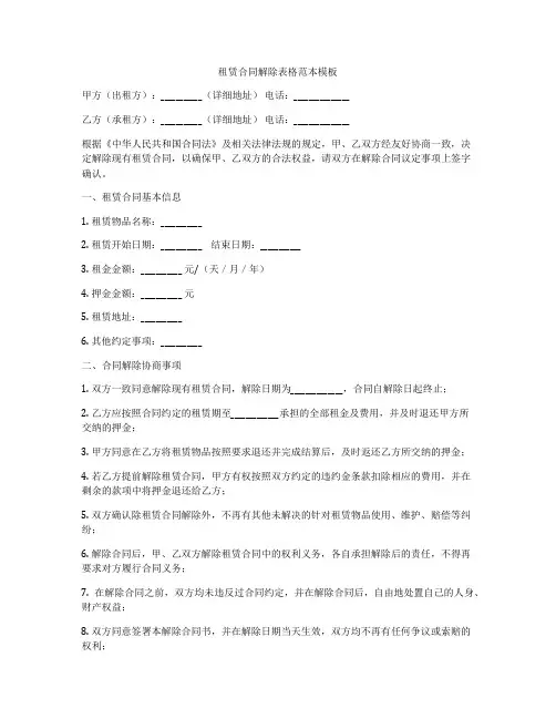 租赁合同解除表格范本模板