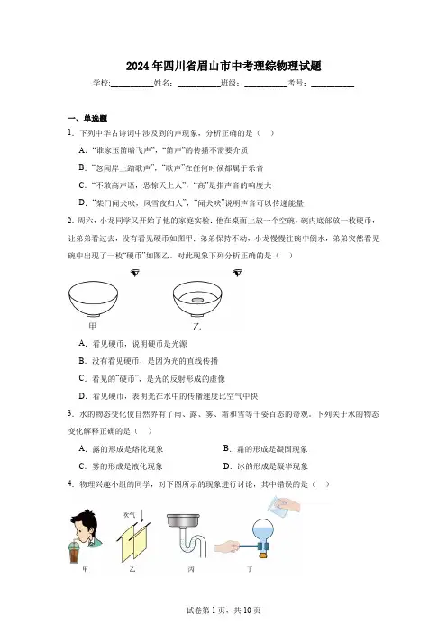 【中考真题】2024年四川省眉山市中考理综物理试卷(附答案)