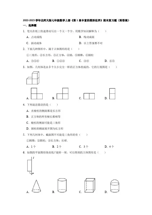 2022-2023学年北师大版七年级数学上册《第1章丰富的图形世界》期末复习题(附答案)