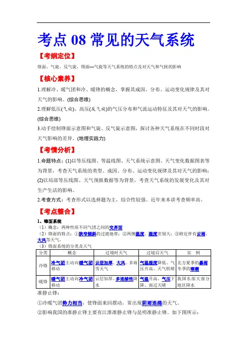 考点08 常见的天气系统——2021年高考地理一轮复习考点复习真题及解析