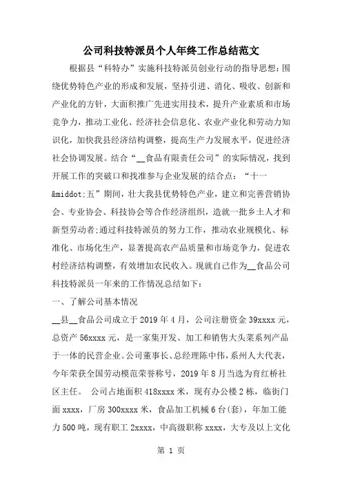 公司科技特派员个人年终工作总结范文7页word