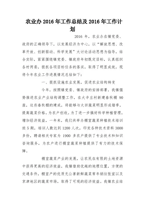 农业办2016年工作总结及2016年工作计划