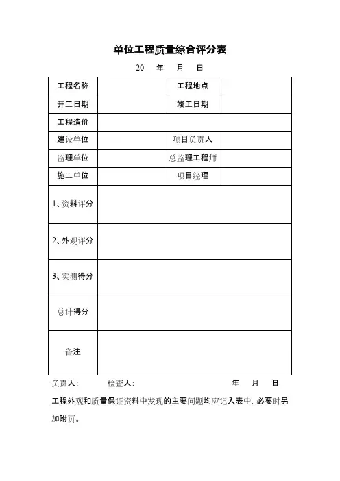 单位工程质量综合评分表（省优）