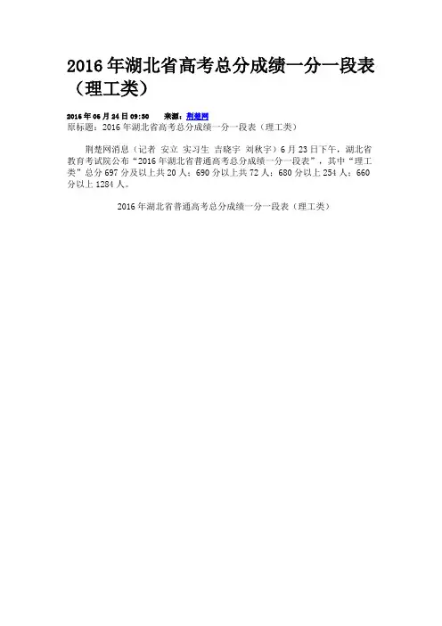 2016年湖北省高考总分成绩一分一段表(理工类)