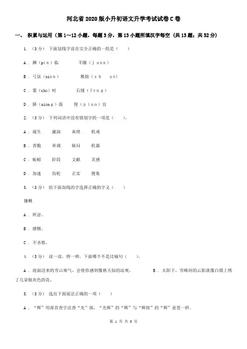 河北省2020版小升初语文升学考试试卷C卷(新版)