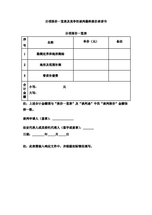 分项报价一览表及竞争性谈判最终报价承诺书