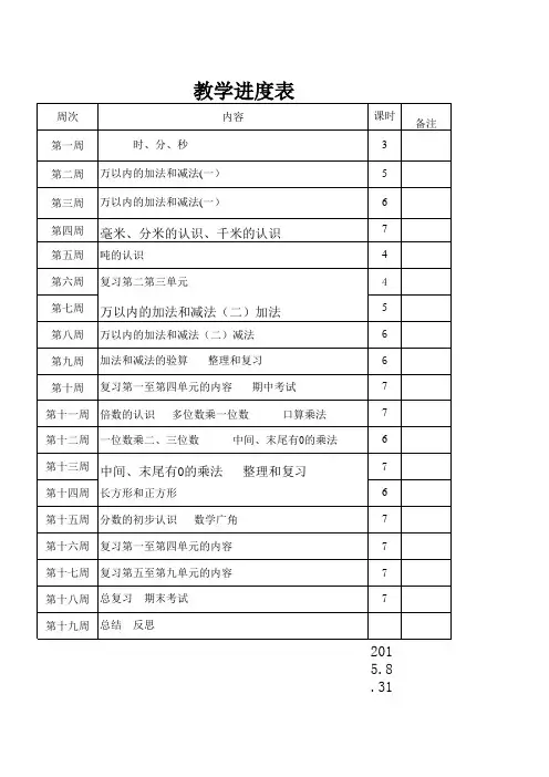 三年级数学上册教学进度表