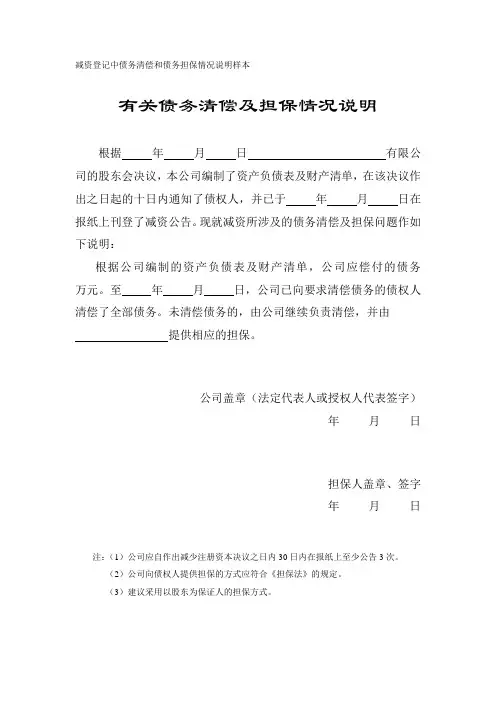 减资登记中债务清偿和债务担保情况说明样本