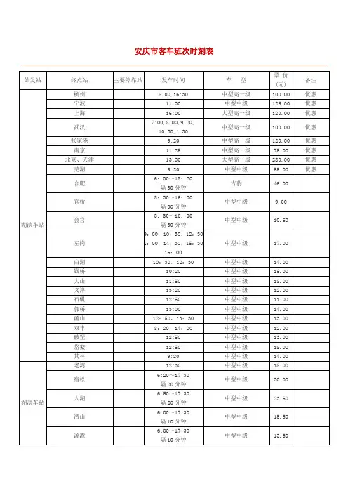 安庆汽车站时刻表