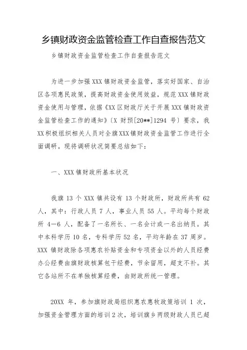 乡镇财政资金监管检查工作自查报告范文