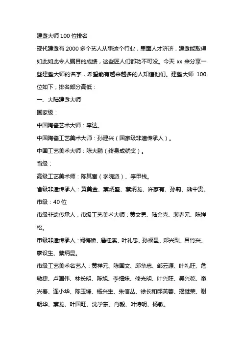 建盏大师100位排名