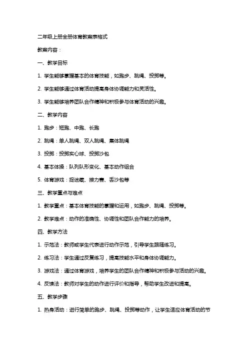二年级上册全册体育教案表格式