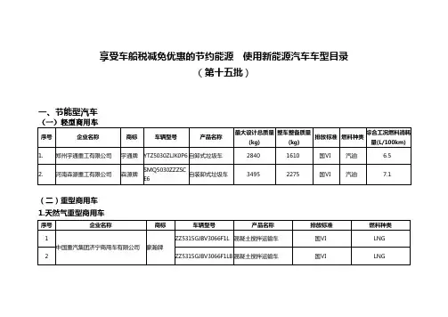 享受车船税减免优惠的节约能源 使用新能源汽车车型目录(第十五批)