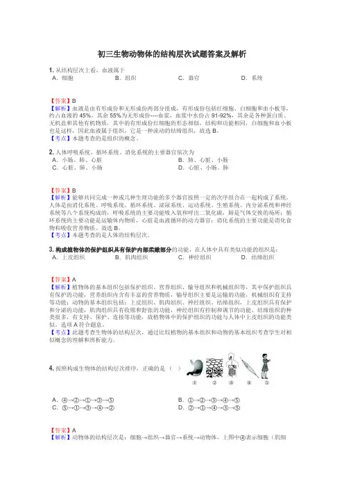 初三生物动物体的结构层次试题答案及解析
