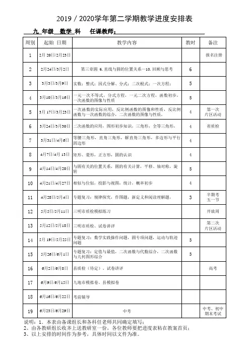 【进度安排表】九年级教学进度安排表