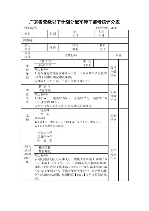 广东省营级一下计划分配军转干部考核评分表(无水印)